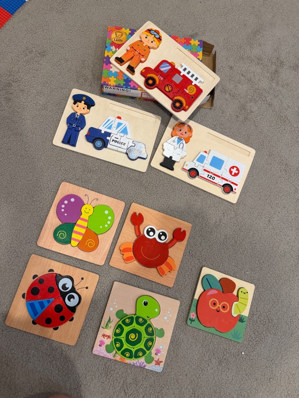 Wooden Kids Puzzle Set - Colorful Animals & Rescue Vehicles